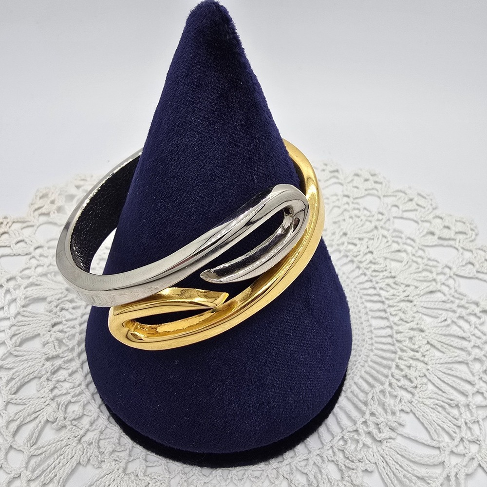 Hinged Cuff Bracelet Bangle Two Tone Silver Gold Mixed Metals Modernist Size 6"